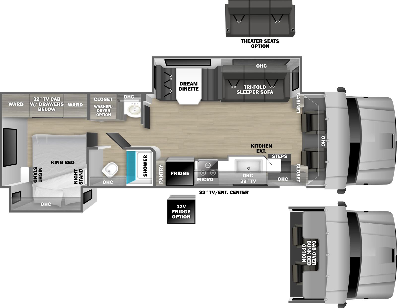 The DX3 34KD floorplan has one entry and two slide outs. Exterior features include: 18' awning and outside entertainment. Interiors features include: rear bedroom and bunk over cab.